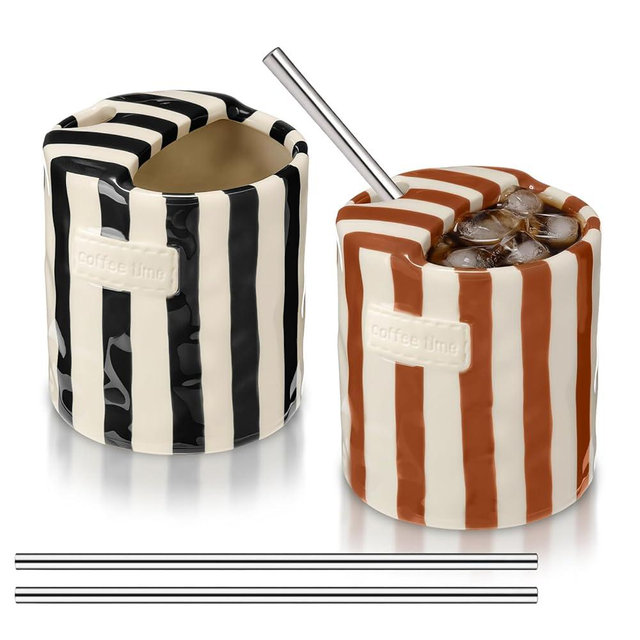Ferrochef 2 Pack Ceramic Coffee Mug with Sip Hole Espresso Cup 10oz with Straws Retro Hand Painted Striped Ceramic Coffee Tea Travel Mug Cappuccino Latte Cup for Kitchen Dining Travel (Brown,Black)