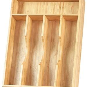 Umilife Bamboo Kitchen Drawer Organizer, 9 Inch Silverware Utensils Tray Holder for Small Drawer, Wood Caddy for Flatware Cutlery Knives