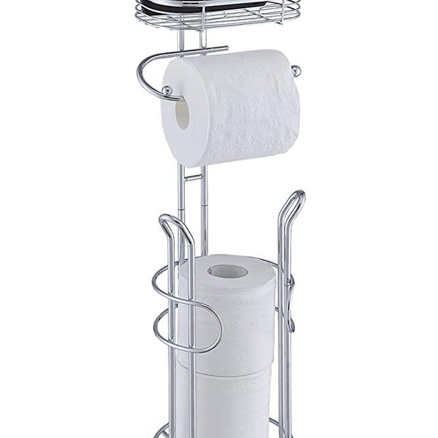 SunnyPoint Bathroom Heavyweight Toilet Tissue Paper Roll Storage Holder Stand with Reserve and Shelve, The Reserve Area Has Enough Space to Store Mega Rolls. (Chrome)