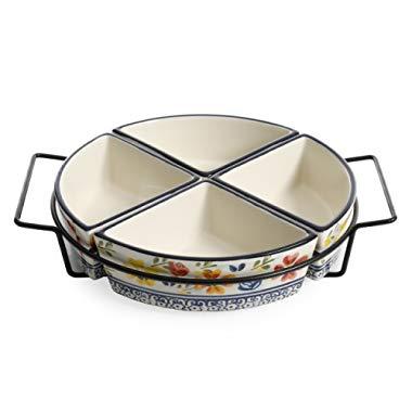Gibson Elite 98761.02R Luxembourg Handpainted 4 Section Tidbit Dish with Metal Rack, Blue and Cream w/Floral Designs