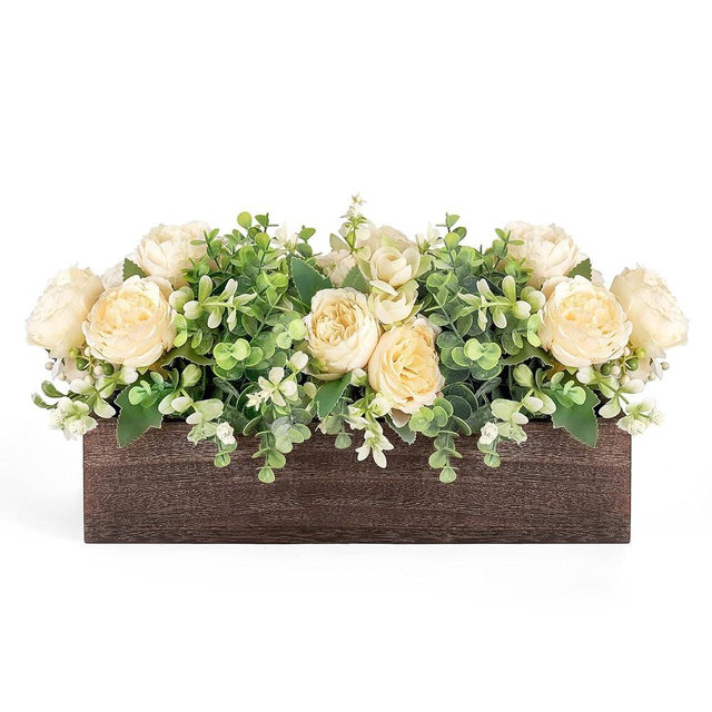 Dahey Centerpiece Table Decorations for Dining Room Farmhouse Living Room Table Centerpieces Decor Wood Tray with 3 Artificial Flowers and 2 Eucalyptus for Kitchen Table, 14.1" x 4.7" x 3.1"