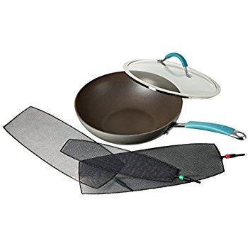 Rachael Ray Cucina Hard-Anodized Nonstick Covered Stir Fry Pan, 11-Inch, Gray, Agave Blue Handles