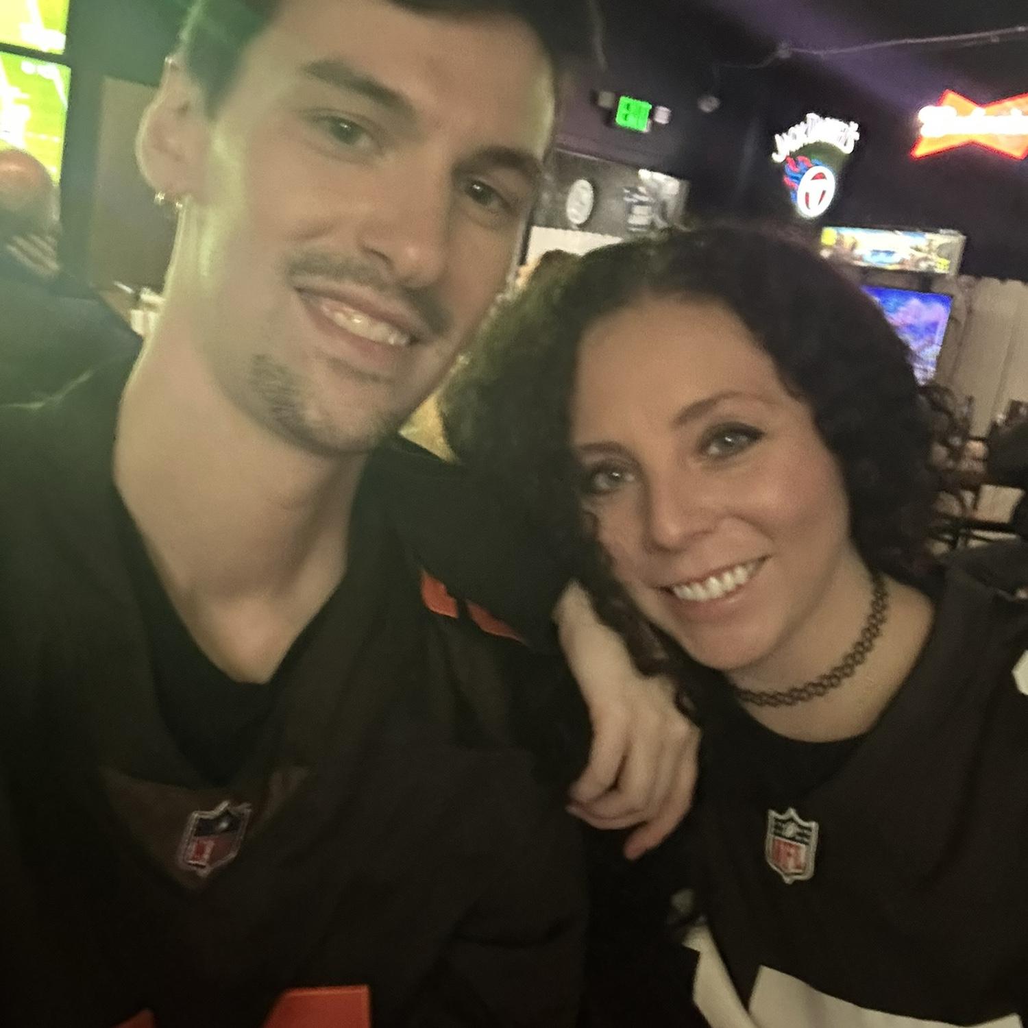 Wearing our Cleveland Browns jerseys.