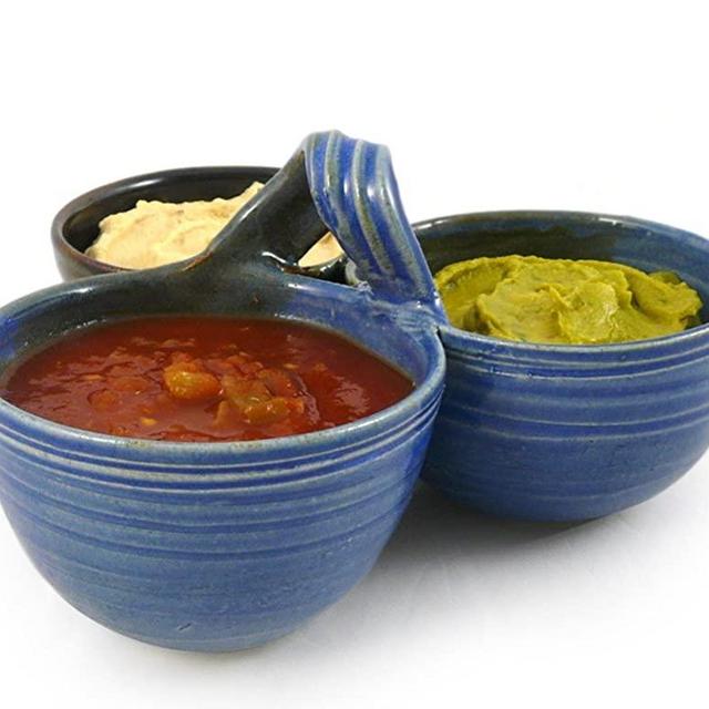 American Made Stoneware Pottery 3-Bowl Condiment/Sauce Serving Dish in Lakeside Blue