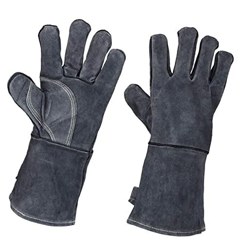 OZERO 932°F Heat Resistant Forge Welding Gloves Leather Grill BBQ Glove with Flame Retardant Long Sleeve for Men and Women Gray 14-inch