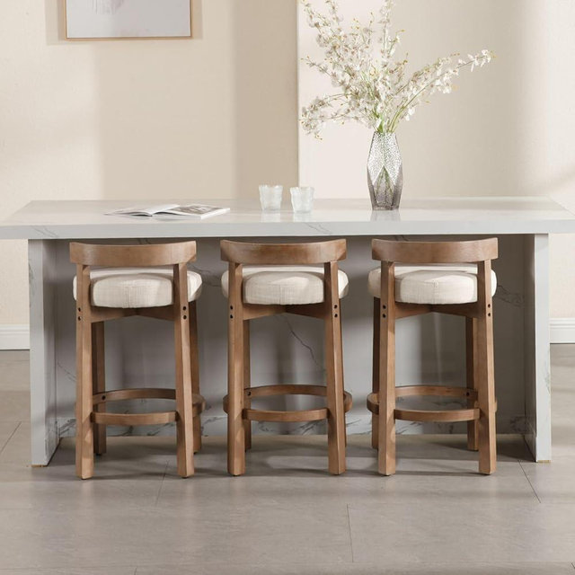 LukeAlon Mid Century Linen Counter Stools Set of 3, Upholstered 26.5" Seat Height Low Barstools with Natural Wood Legs Round Low Back Kitchen Stools with Footrest for Dining Room, Beige