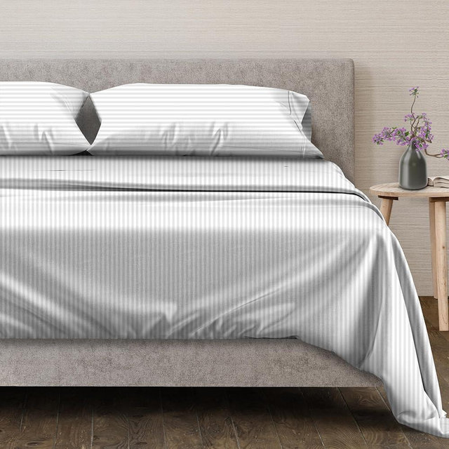 Mayfair Linen 100% Egyptian Cotton King Size Sheets Set - Luxury 600 Series Voyage Collection Egyptian Cotton Sheets King Size (4 PC, White - Stripe), Soft, Cooling, 16" Deep Pocket Hotel Bed Sheet