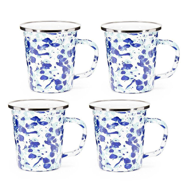 Golden Rabbit Enamelware Latte Coffee or Tea Mugs, 16 ounce, Ocean, Set of 4