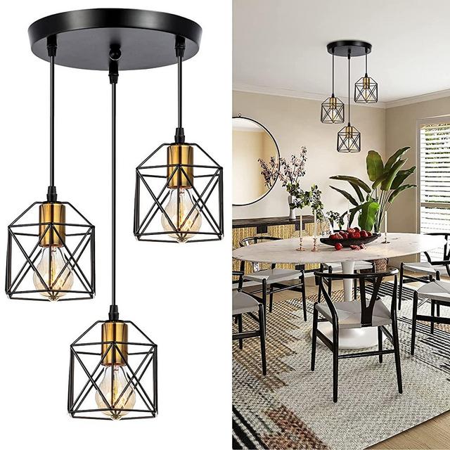 WADSN 3-Light Industrial Rustic Vintage Farmhouse Metal Caged Pendant Light,Adjustable Modern Ceiling Pendant Light Fixture,Gold Black Antique Hanging Lighting for Kitchen Island Dining Room Bar