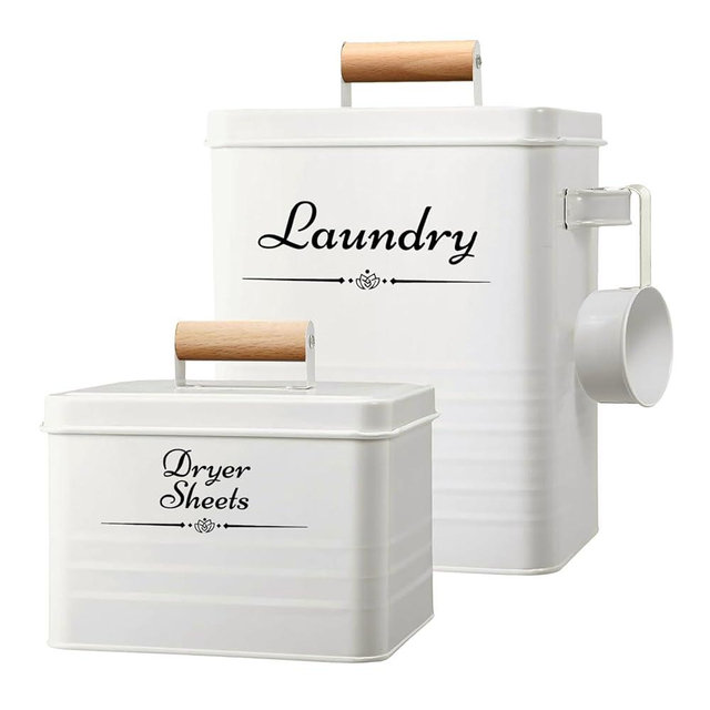 Cruleen Farmhouse Metal Laundry Pods Container with Dryer Sheet Holder for Organization and Storage, Laundry Room Decor - Holds 156 Pods and 300 Sheets (White)