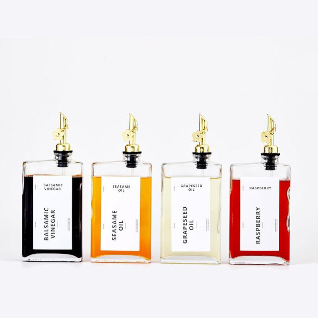 MUVEKA Olive Oil Dispenser Bottle for Kitchen, Soy Sauce Dispenser, Cooking Vinegar Dispenser Set, Glass Oil Cruet with 4 Pourer Spouts, Coffee Syrup Dispenser
