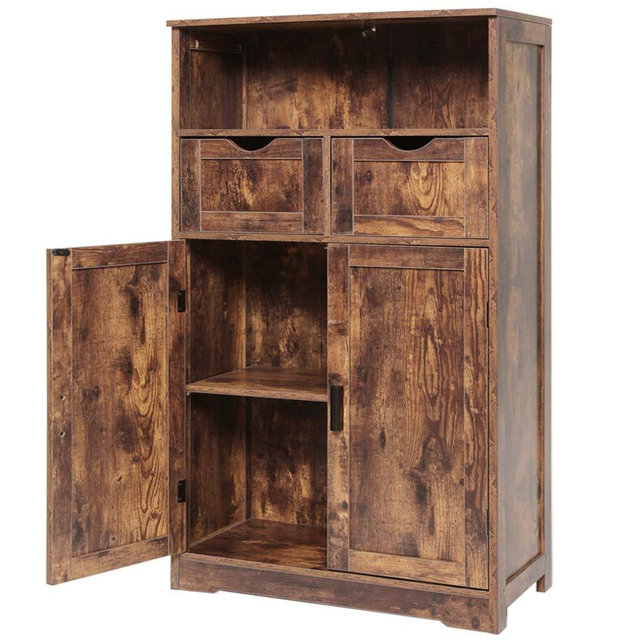 IWELL Large Storage Cabinet with 2 Adjustable Drawers & 2 Shelf, 42.5”H x 23.6”L x 11.8”W, Floor Bathroom Cabinet, Sideboard, Cupboard with Double Door, for Living Room, Home Office, Rustic Brown