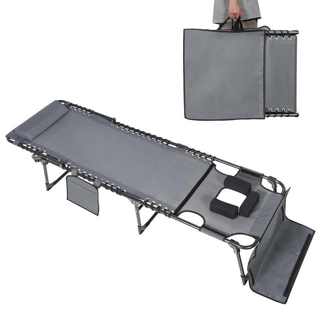 MUPATER Patio Chaise Lounge Chair for Outdoor with Face Hole, 4-Fold Adjustbale Backrest, Removable Pillow and Detachable Pocket, Portable Sun Lounger Recliner for Beach, Camping and Pool, Grey