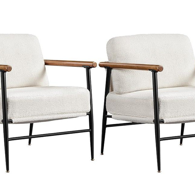 Yaheetech Accent Chair, Modern Vanity Chair, Boucle Fabric Lounge Chair with Metal Frame, Plush Back Pillow and Seat Cushion Pocket Coil Seat for Living Room Bedroom Makeup Room, Ivory, 2pcs