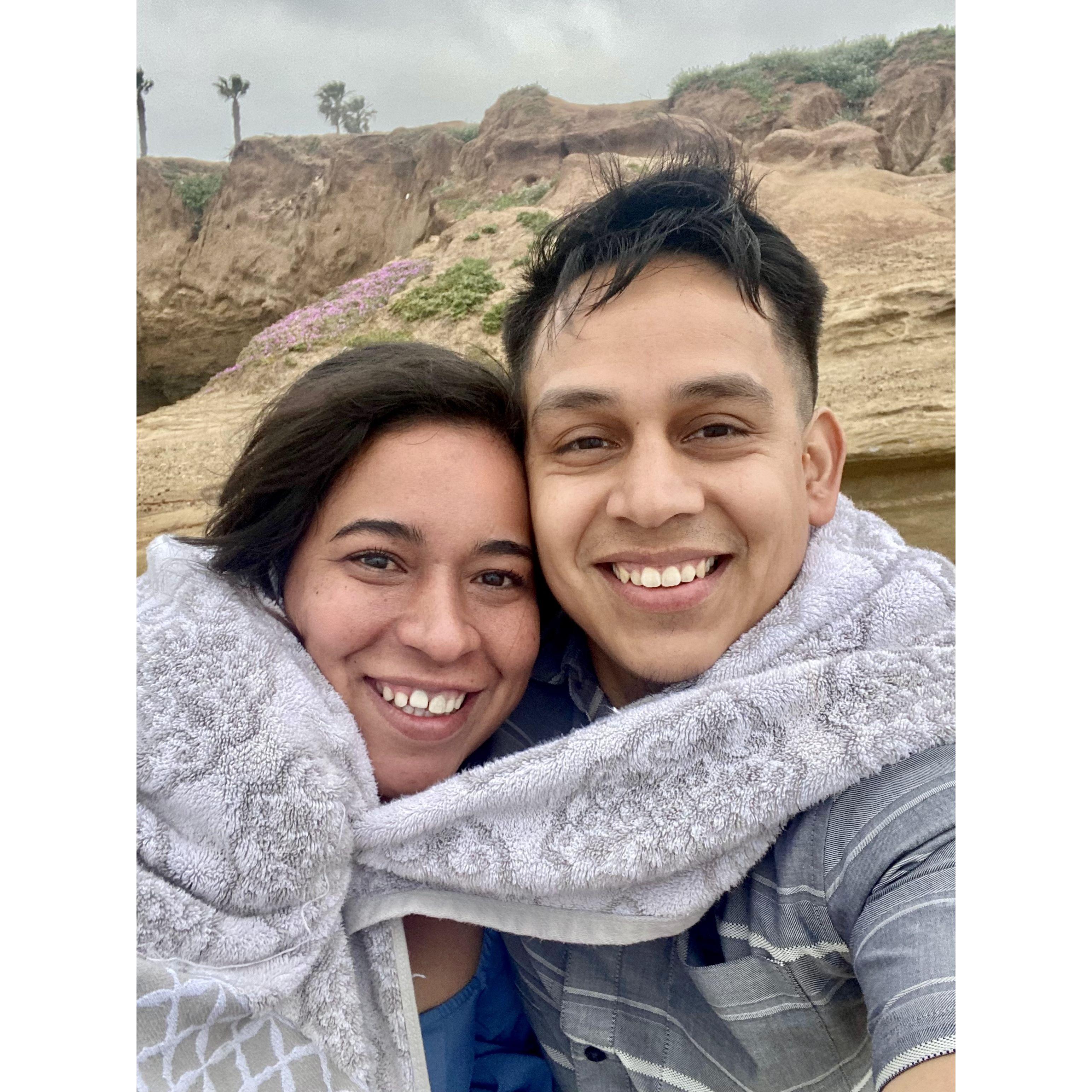 Watching the "sunset" at the Sunset Cliffs. Our selfie taken right before Marco proposed.