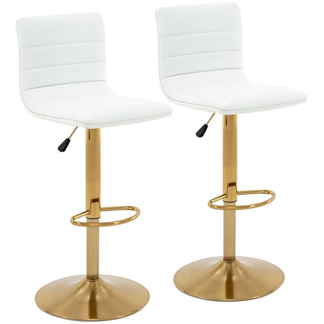 Vogue Furniture Direct PU Leather Bar Stools, Modern Square Adjustable Swivel Barstools with Back, Armless Airlift Counter Height Bar Chairs for Kitchen Dining Set of 2 (Pearl White, Gold Base)