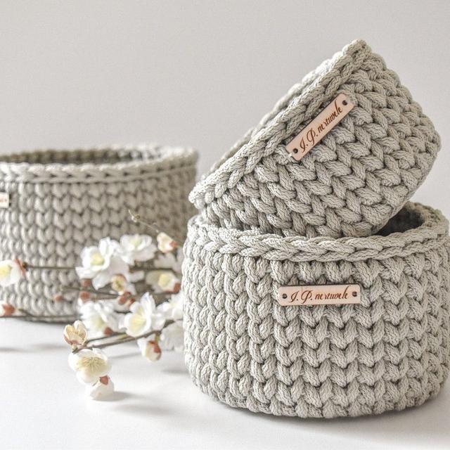 Set of 3 baskets, Ecru crochet basket,...