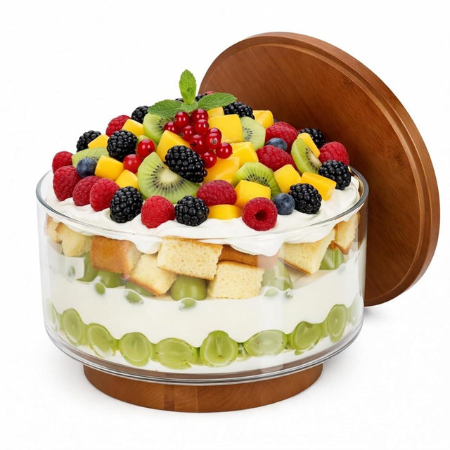 142oz Large Trifle Bowl with Pedestal, Clear Glass Salad Bowl with Wooden Lid, Trifle Dish for Cakes, Salads, Fruit, Dessert Display for Parties, Weddings and Celebrations, Microwave & Dishwasher Safe