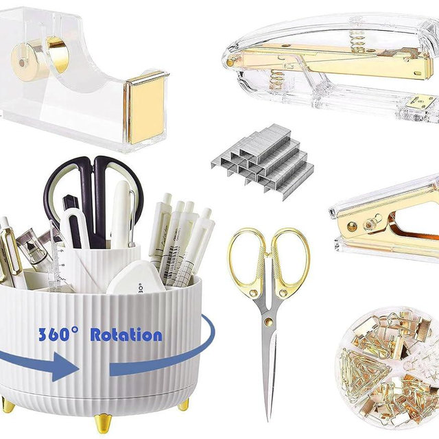 Gawsey Desk Organizers and Accessories 7Pcs Set with 360-Degree Rotating Pen Holder, Acrylic Stapler, Tape Holder, Staple Remover, Binder/Paper Clips Kit, Scissor and 1 Box of Staples