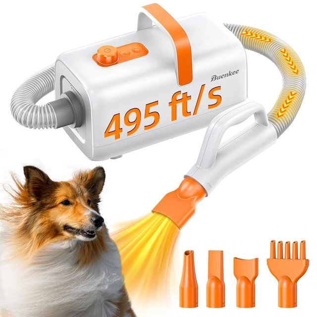 Dog Blower Grooming Dryer for Beginner - Maximum 495ft/s High Velocity Pet Blow Dryer with Cool-Warm-Hot Cycle Mode, Adjustable Temp & Speed, Dog Dryer with 4 Nozzles and Up to 6.56ft Flexible Hose