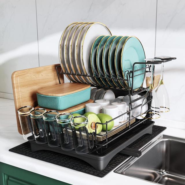MAJALiS Large Dish Drying Rack Drainboard Set, 2 Tier Stainless Steel Dish Racks with Drainage, Wine Glass Holder, Utensil Holder and Extra Drying Mat, Dish Drainers for Kitchen Counter (Black)