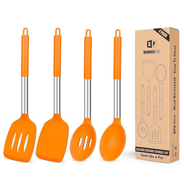 Pack of 4 Silicone Cooking Utensils Set, Non Stick Large Solid Spatulas, Heat Resistant Slotted Spoons, Ideal BPA Free Kitchen Turners for Frying, Mixing,Serving,Draining,Turning,Stirring (ORANGE)