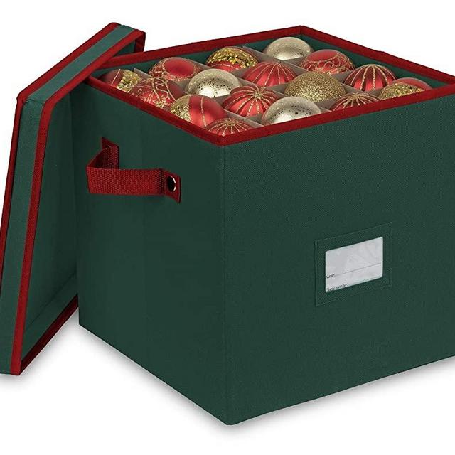 Primode Christmas Ornament Storage Box with 4 Trays, Holds Up to 64 Ornaments Decoration Balls, Holiday Storage Container with Dividers, Constructed of Durable 600D Oxford Material (Green)