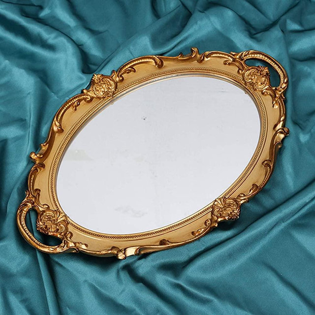 schonee Oval Vintage Decorative Mirror Tray, Jewelry Dresser Organizer Tray, Cosmetics Makeup Storage Organizer, Serving Tray (9.8”x 14.6”) (Golden)