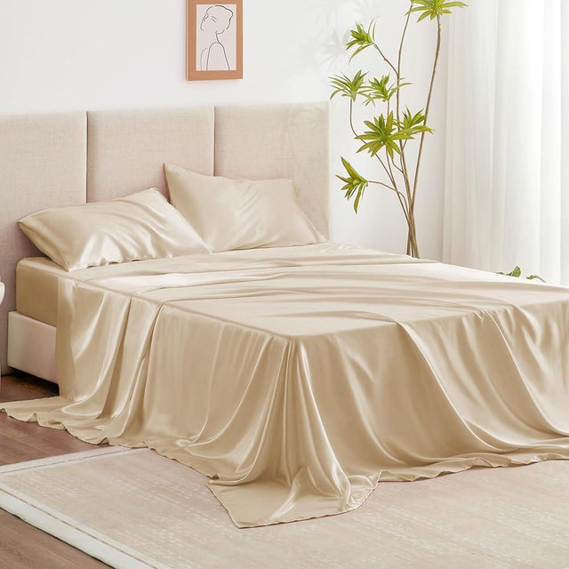 Love's cabin Satin King Sheet Sets - 4 Piece Beige Silky Satin Sheets King Size Bed Set with Deep Pocket, Luxury Silk Feel King Size Satin Sheet Set (1 Flat Sheet,1 Fitted Sheet,2 Pillow cases)