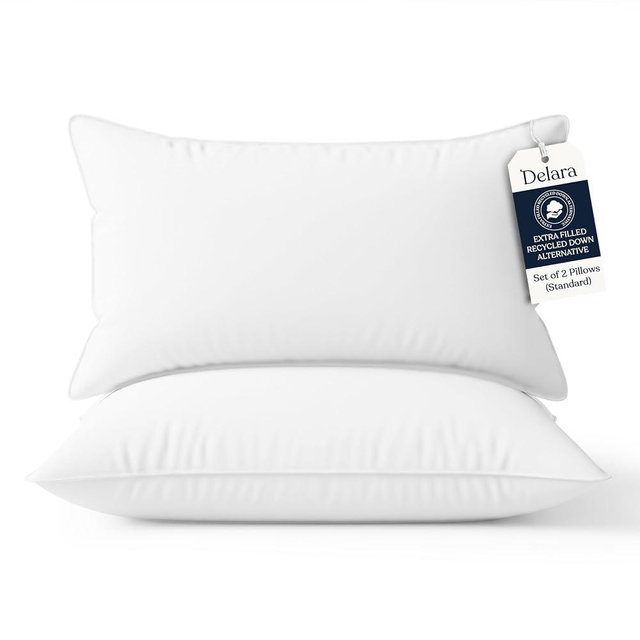 Delara Bed Pillows Set of 2 GOTS Certified Organic Cotton Sateen Shell, Down Alternative Fill, Hypoallergenic, Cooling & Breathable, GOTS + Oeko-TEX + GRS, Eco-Friendly, Standard 20"x28"