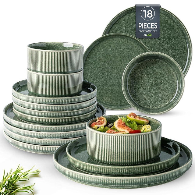 GBHOME Stoneware Dinnerware Sets for 6,Round Reactive Glaze Ceramic Plates and Bowls Set,Highly Chip and Crack Resistant | Dishwasher & Microwave Safe Dishes Set,Dishware Service for 6(18pc)