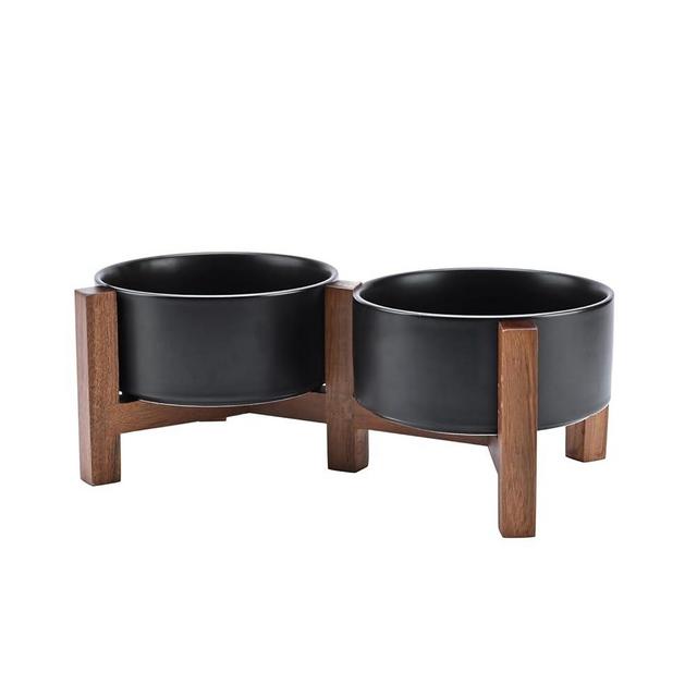SPUNKYJUNKY Ceramic Dog Bowls Dog Bowl Set with Acacia Wood Stand Raised Dog Bowl Dog Food and Water Bowl for Small Medium Sized Dog(28.74 OZ, Black)