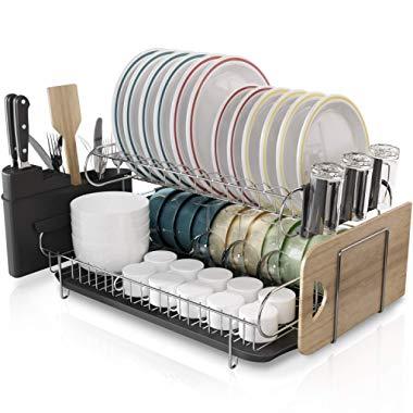 Kitchen Dish Rack, Boosiny 2 Tier 304 Stainless Steel Large Dish Drying Rack with Drainboard Set Utensil Holder Dish Drainer, Cutting Board Holder and Dish Racks for Counter