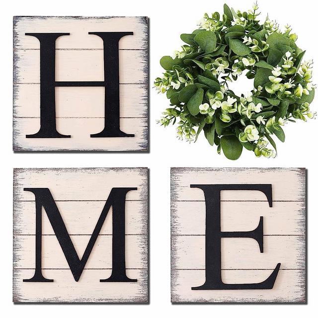 Farmhouse Wall Decor Wood Home Sign with Artificial Eucalyptus for O, Rustic Hanging Wooden Sign with Letters Decorative Wall Art Home Decor Living Room Wall Decor Kitchen Entryway Housewarming Gift