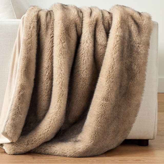 Faux Fur Mink Throw, Tipped Taupe, 60" x 80"
