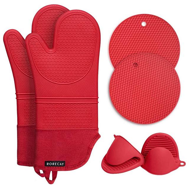 Rorecay Extra Long Oven Mitts and Pot Holders Sets: Heat Resistant Silicone Oven Mittens with Mini Oven Gloves and Hot Pads Potholders for Kitchen Baking Cooking, Quilted Liner, Pack of 6 (Bright Red)