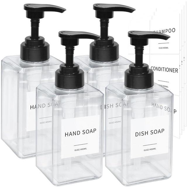 Clear Soap Dispenser with Waterproof Labels, Thickened Plastic Hand Soap Dispenser for Bathroom, Kitchen Dish Washing Liquid Bottles, Shampoo and Conditioner Bottles with Funnel (15oz 4Pack Clear)