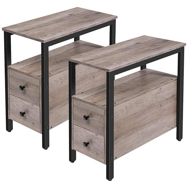 HOOBRO End Table, Set of 2, Recliner Side Table with 2 Drawer and Open Shelf, Narrow Nightstand for Small Space, in Living Room, Bedroom, Wood Look Accent Table, Greige and Black BG54BZP201