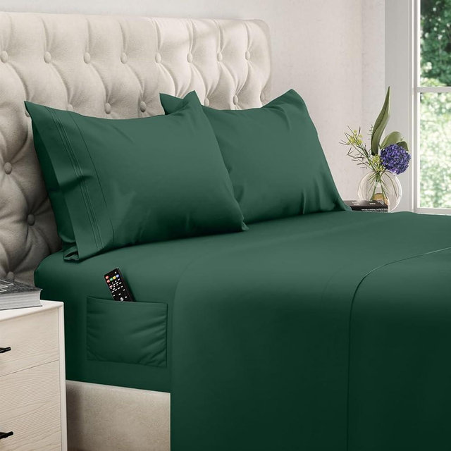 DREAMCARE King Size Sheets Set - Cooling Bed Sheets - 4pcs Set - up to 15" Deep Pocket King Sheet Set – Soft & Long Lasting Cooling - 100% Fine Brushed Microfiber with Side Pocket - Emerald Green