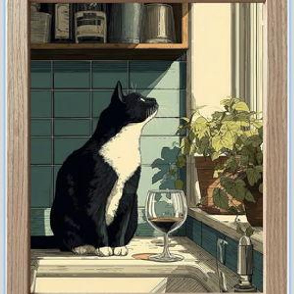 Framed Vintage Cat Kitchen Wall Art Tuxedo Cat Illustration Dining Room Wall Decor Retro Coffee Bar Cart Decor Cozy Home Artwork
