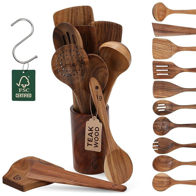 Teak Wood Utensil Set – Premium Natural Wooden Cooking Tools for Nonstick Cookware, Stirring & Serving – Durable, Non-Toxic Kitchen Spatulas (12)
