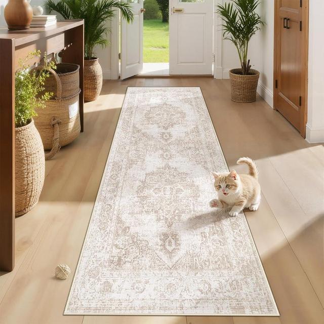 Area Rug 2x8 Runner Rug: Washable Vintage Hallway Rugs Indoor Medallion Rug Low Pile Distressed Floor Carpet Retro Accent Rugs for Kitchen Bedroom Bathroom Dining Room(Beige, 2'x8')