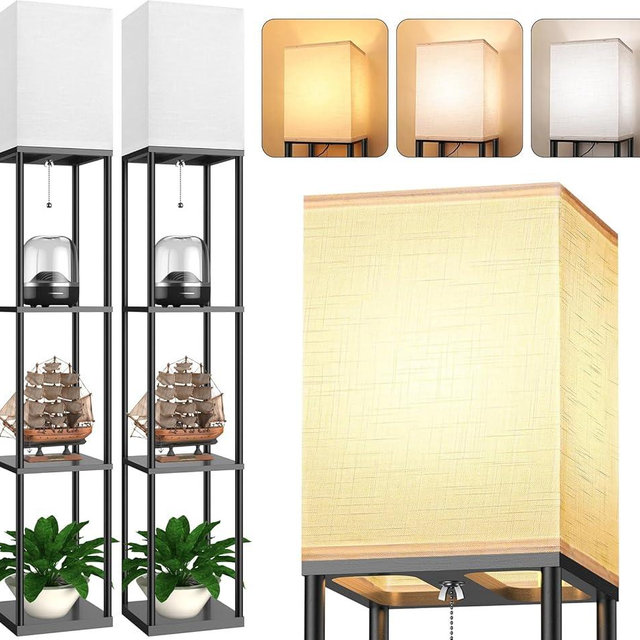Floor Lamp with Shelves for Living Room 2 Pack, Shelf Floor Lamp with 3 CCT LED Bulb, Corner Display Standing Column Lamp Etagere Organizer Tower Nightstand with White Linen Shade for Bedroom, Office