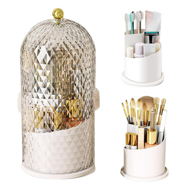 Concealed Toothbrush Holder, Makeup Brush Holder Organizer with Lid, 360 Swivel Cosmetic Brush Organizer, Waterproof and Dustproof Bathroom Countertop, For Dresser Tabletop Bathroom Countertop (White)