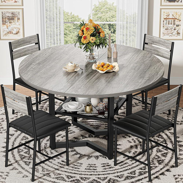 IRONCK Round Dining Table Set for 4, Dining Room Table Set with 4 Chairs, 47.2'' Dinner Table with Wooden Tabletop and Metal Base, 5-Piece Kitchen Table and Chairs, Gray