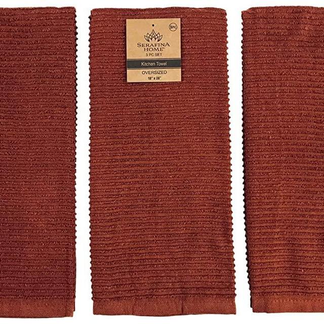 Serafina Home Oversized Solid Color Burnt Orange Rust Kitchen Towels: 100% Cotton Soft Absorbent Ribbed Terry Loop, Set of 3 Multipurpose for Everyday Use (Cinnamon Stick)