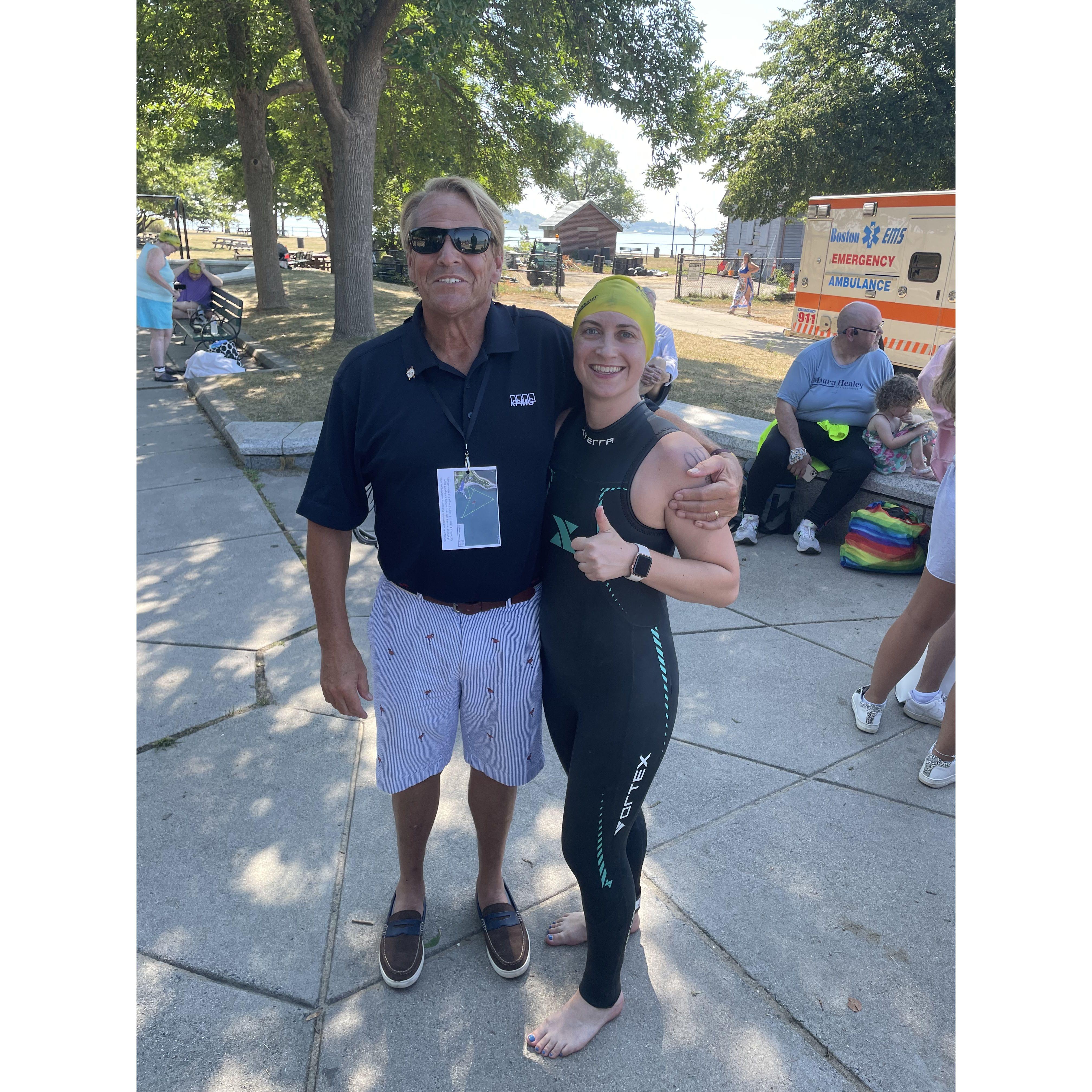 Dad still cheering Kate on in the water!