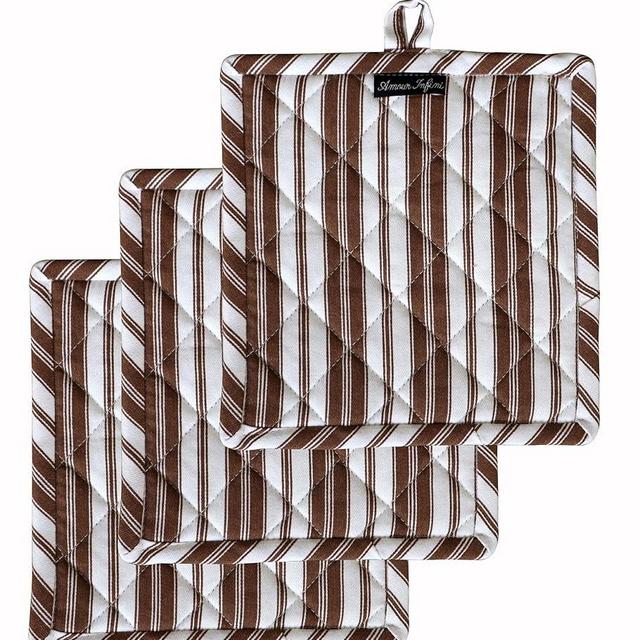 AMOUR INFINI Double Stripe Pot Holders Heat Resistant Cotton Set of 3 Nonslip 8"x8" Inch Hot Pads for Kitchen, BBQ, Baking & Cooking with Hanging Loops (Brown)