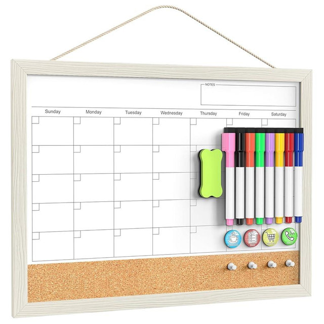 Calendar Whiteboard for Wall, TANKEE 17"x13" Whiteboard Calendar Cork Board Combo, Small Magnetic White Board with Wood Framed, Hanging Dry Erase Board for Kitchen Home Office School Planner