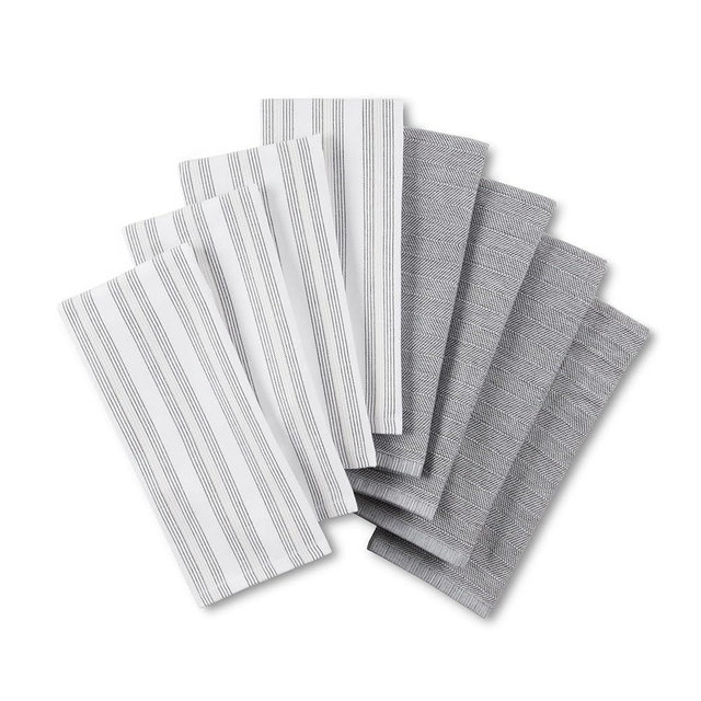 KitchenAid Chambray Stripe Kitchen Towels 8-Pack, Absorbent 100% Woven Cotton, Matte Black/White, 17”x28”